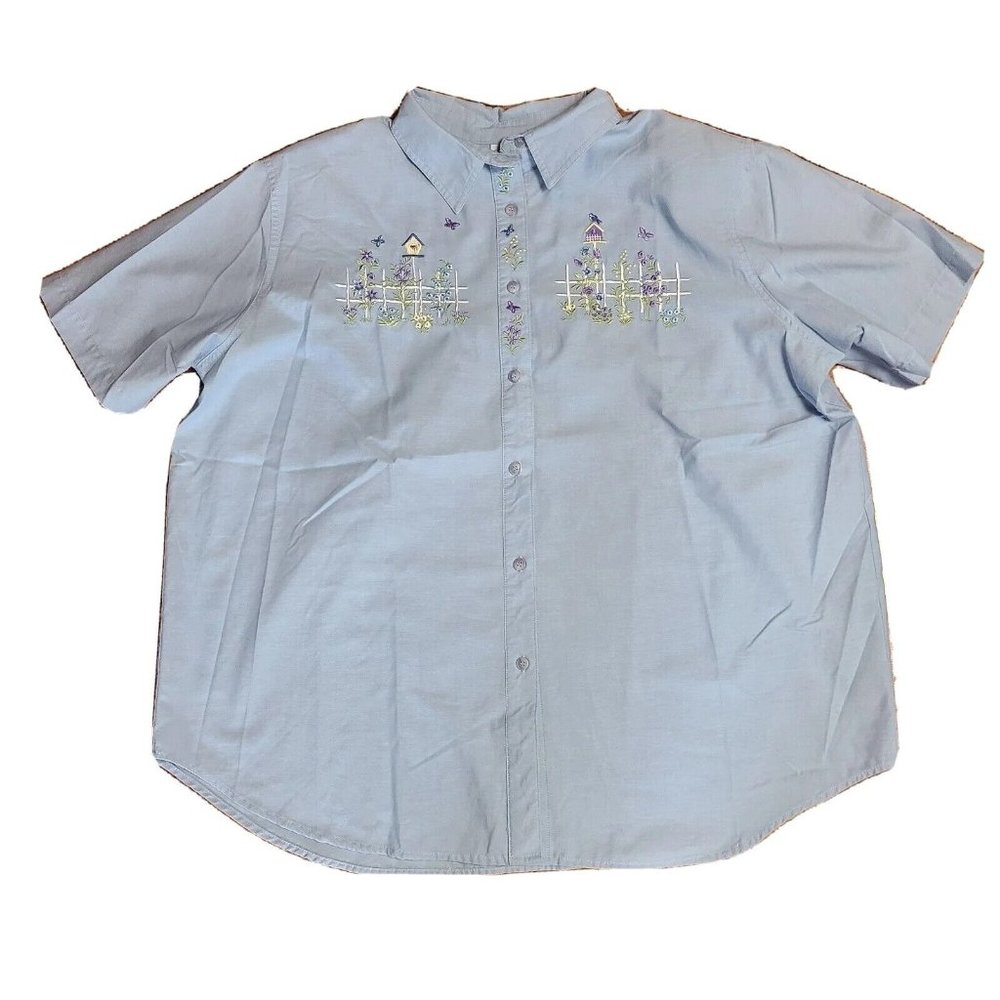 JANTZEN Solid All Blue Short Sleeve Button Up Embroidered‎ Shirt Womens Size 2X